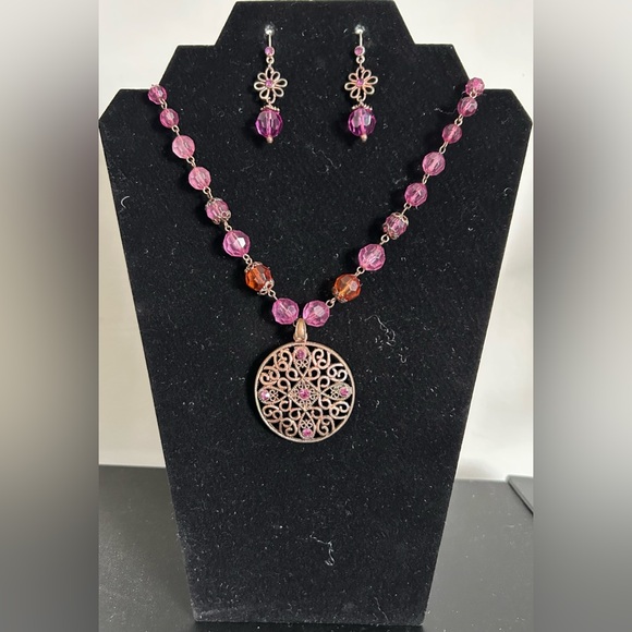 1928 2-piece statement necklace and dangle earrings set in pink crystal - Picture 2 of 8
